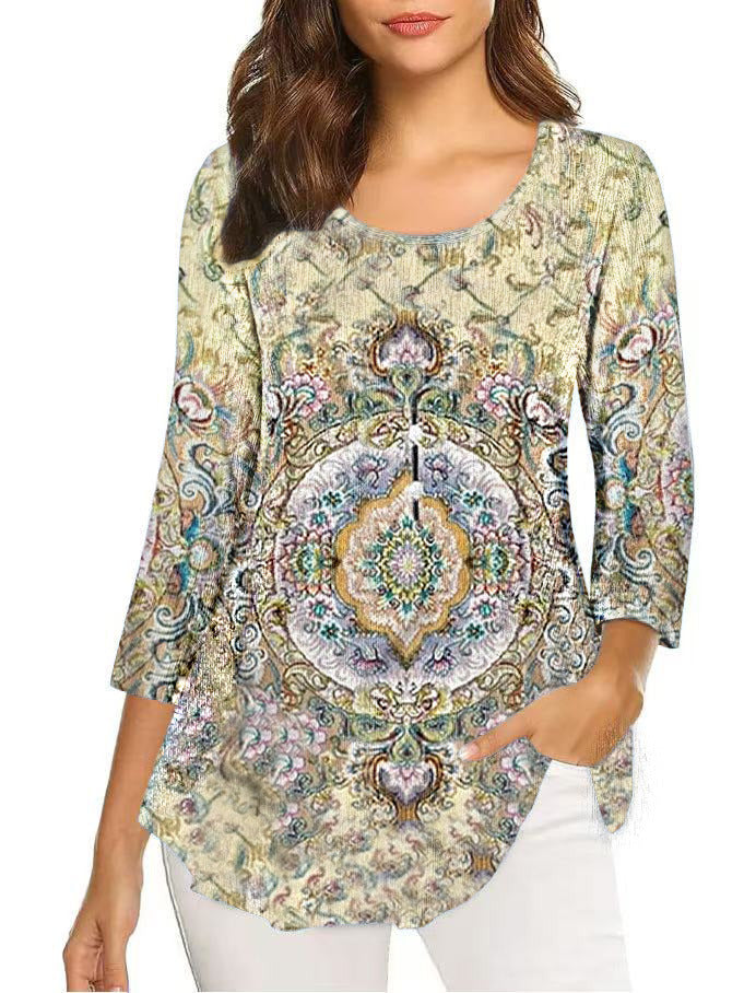 Autumn Three-quarter Sleeve Round Neck Printed Mid-length Bottoming Tops