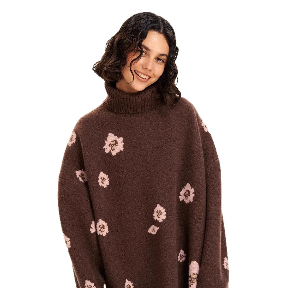 Russian Knitted Flower Jacquard Turtleneck Loose Sweaters