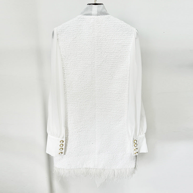 Fashionable Feather Hem Chiffon Stitching Tweed Dress