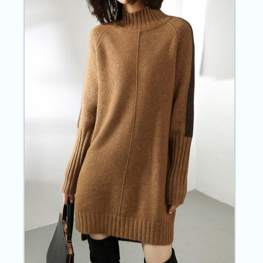 Women's Half Turtleneck Color-matching Dress Mid-length Loose Dresses