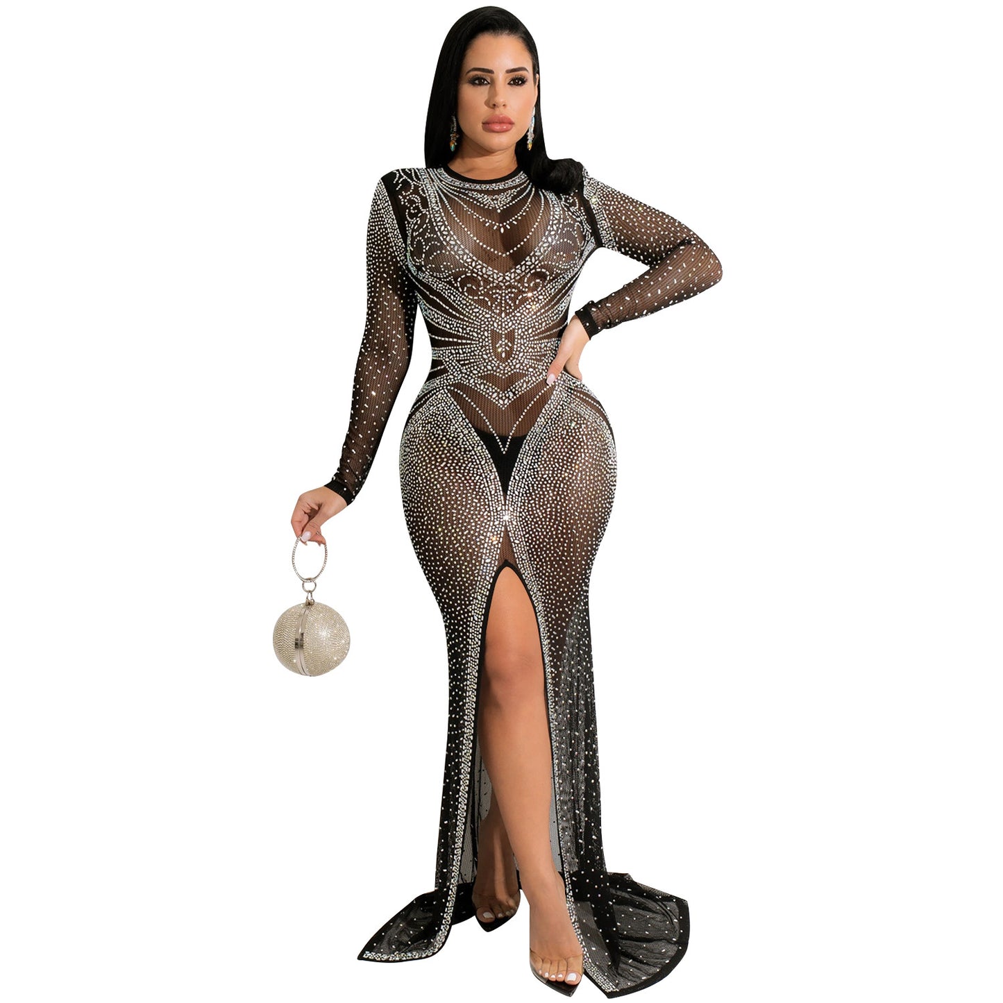 Women's Hot Drilling Mesh Long Sleeve Split Dresses