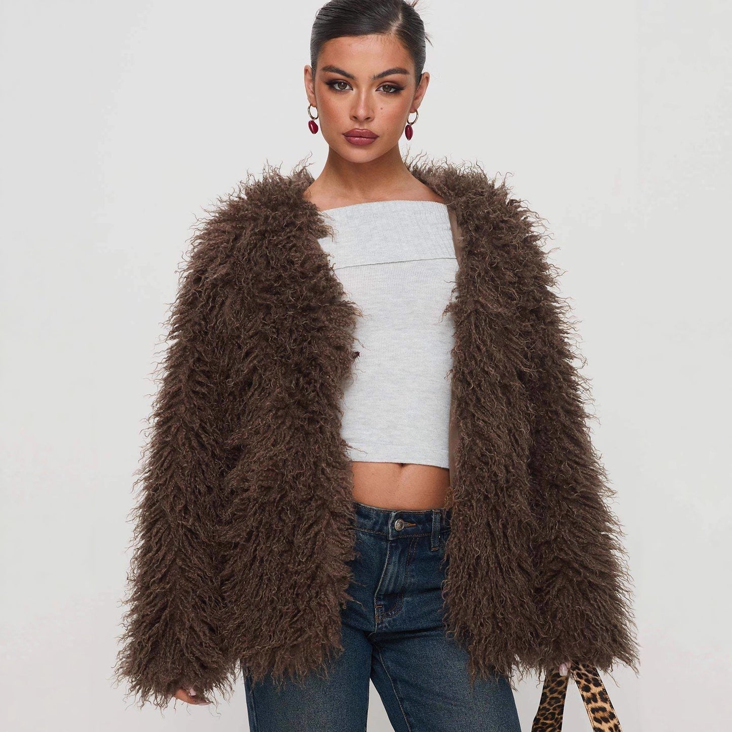 Casual Fashion Fur Faux Chocolate Color Coats