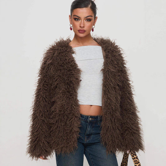 Casual Fashion Fur Faux Chocolate Color Coats