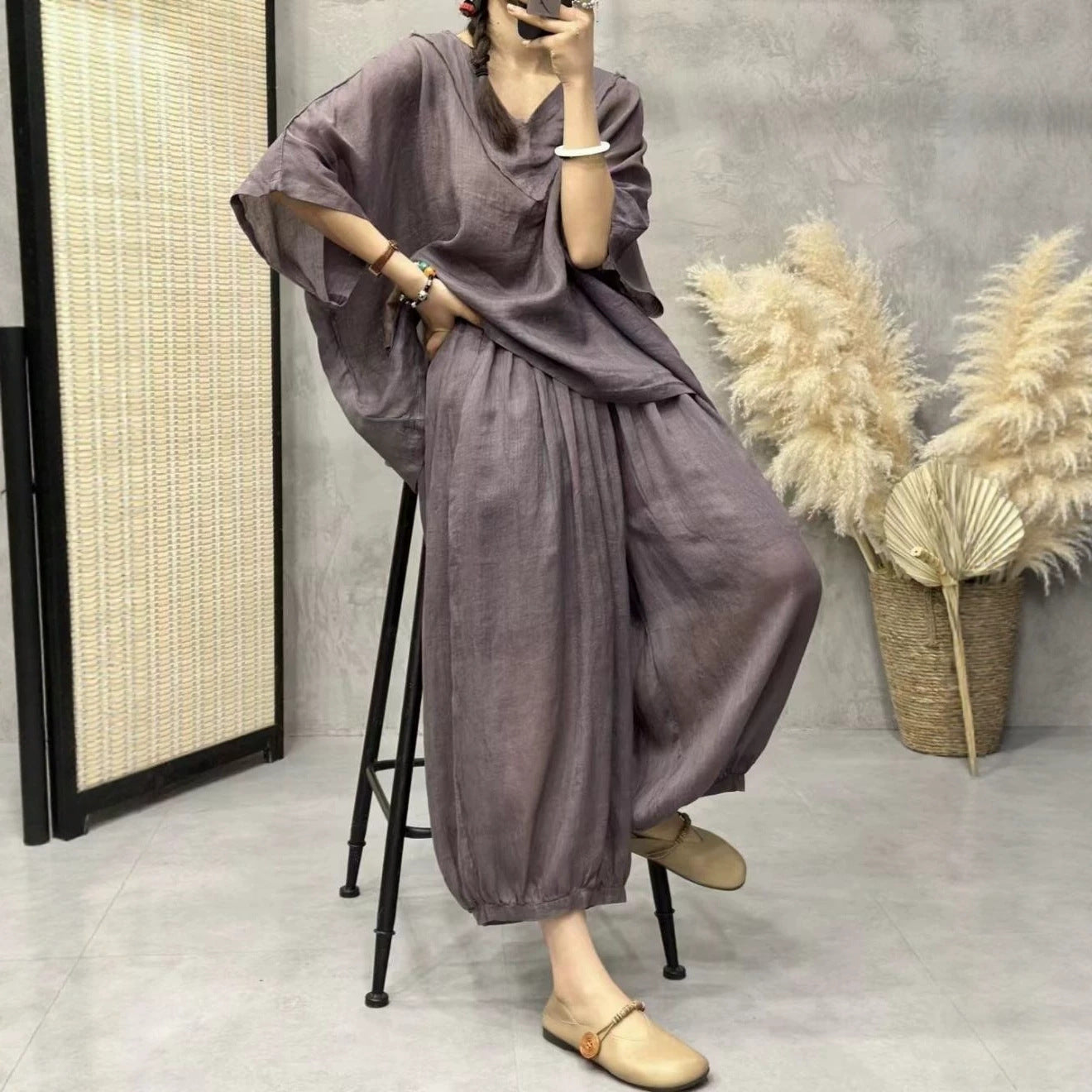Fine Ramie Fashionable Stylish Pullover Artistic Loose Thin Fashion Casual Suit