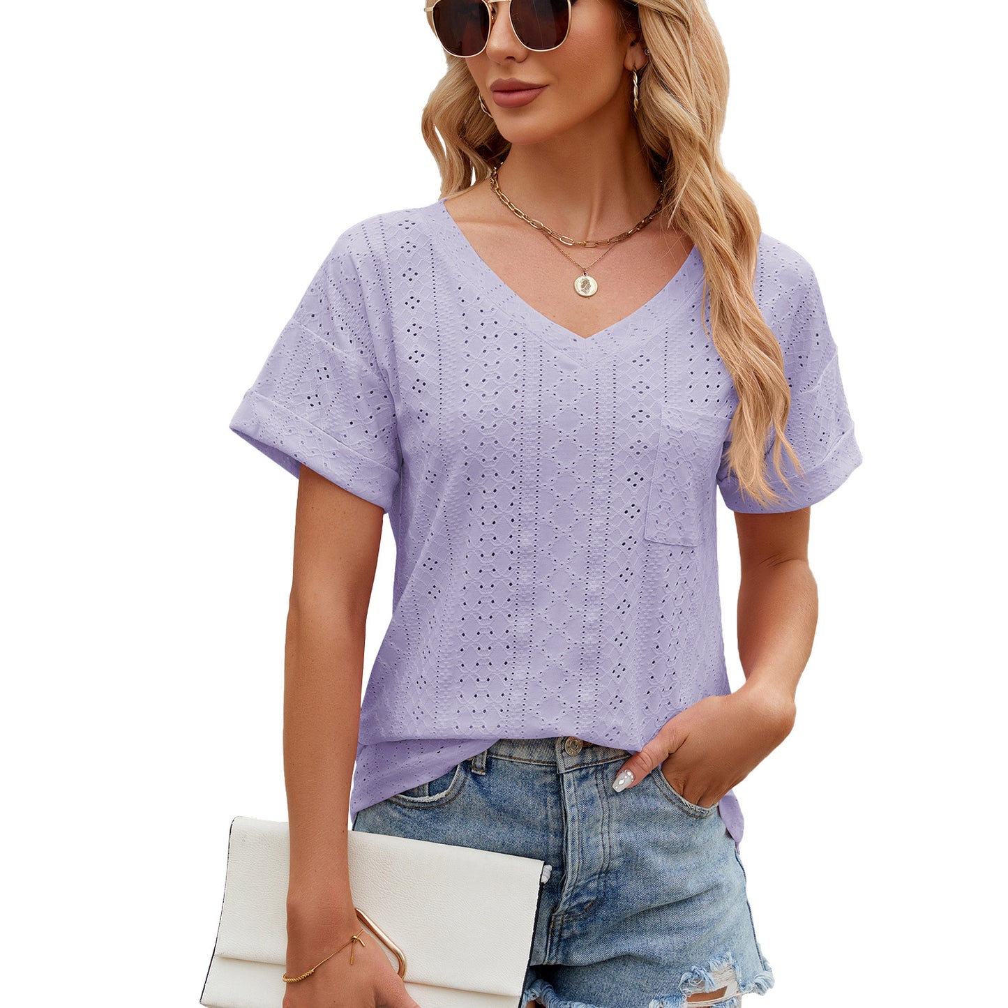 Solid Color Pocket Loose Sleeve Ladies Women's T-shirt