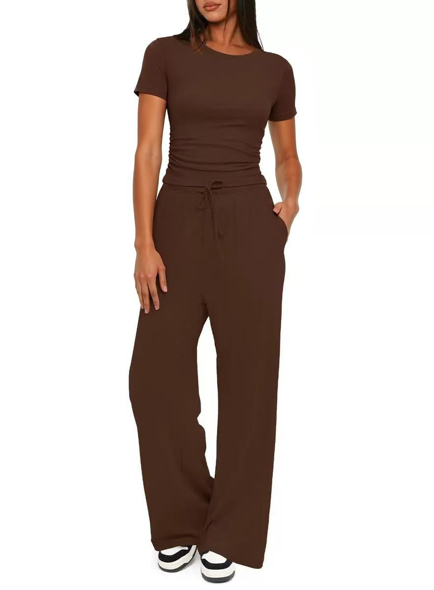 Solid Color Pleated Sleeve High Waist Wide Shorts
