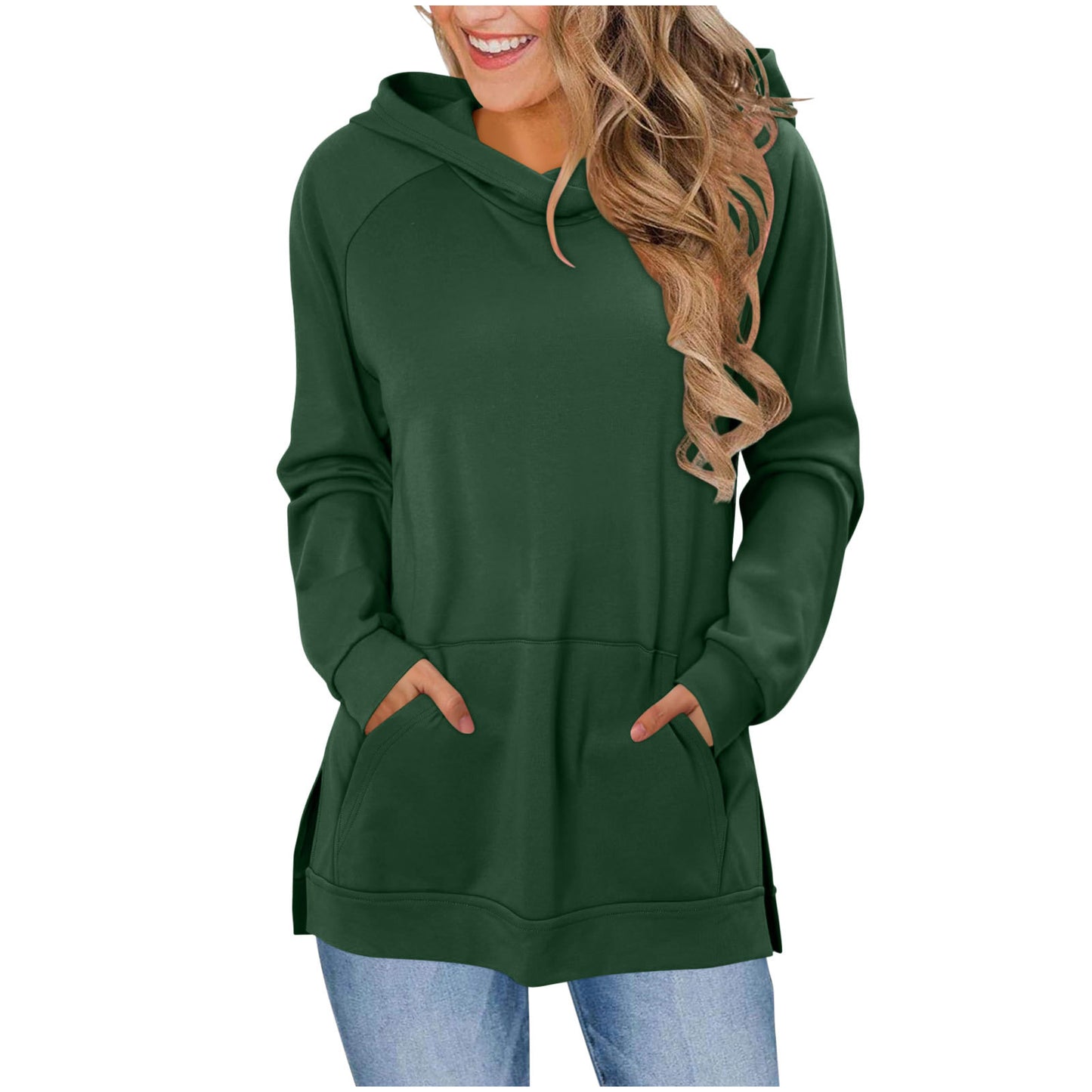 Women's Solid Color Hoodie Wipe Shoulder Long Sleeve Pocket Slit Hemline Women's Sweater, Sweater