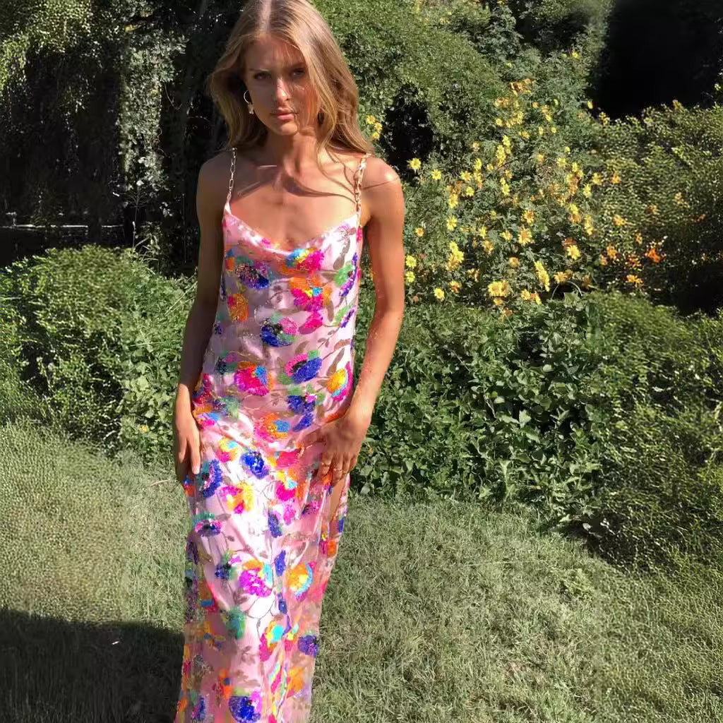 Women's Backless Sequined Floral Gold Chain Split Dresses