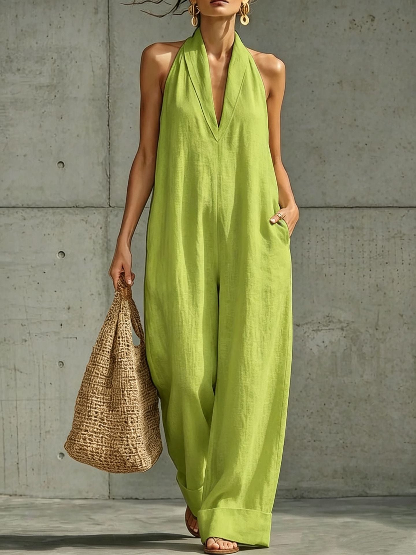 Cotton Linen Simplicity Elegant Sleeveless Casual Jumpsuits