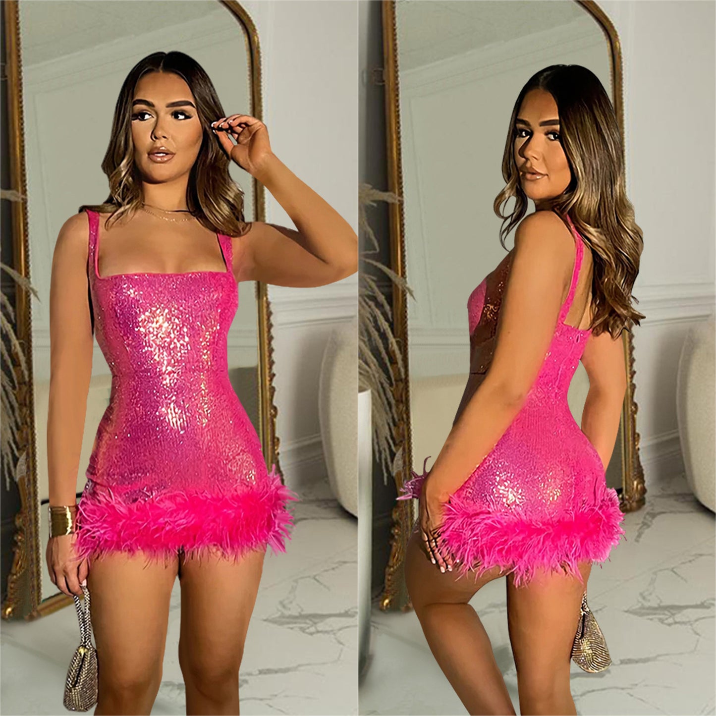 Women's Fashion Wear Sequin Feather Suspender Dress Dresses