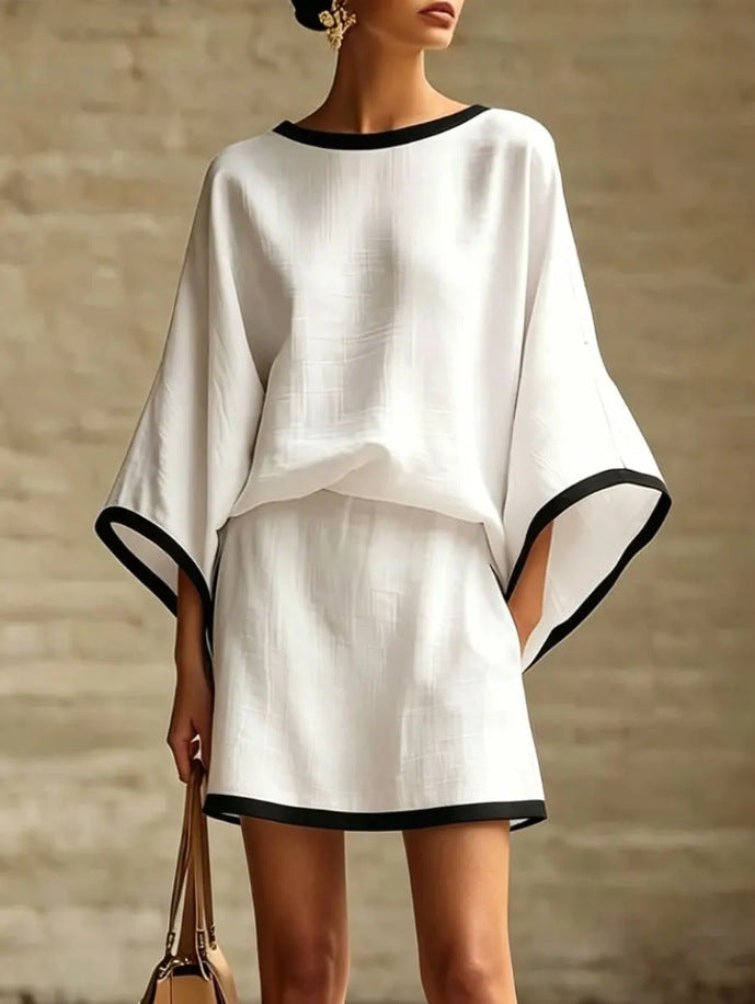 Women's Cotton Linen Dolman Sleeve Two-piece Set Skirts