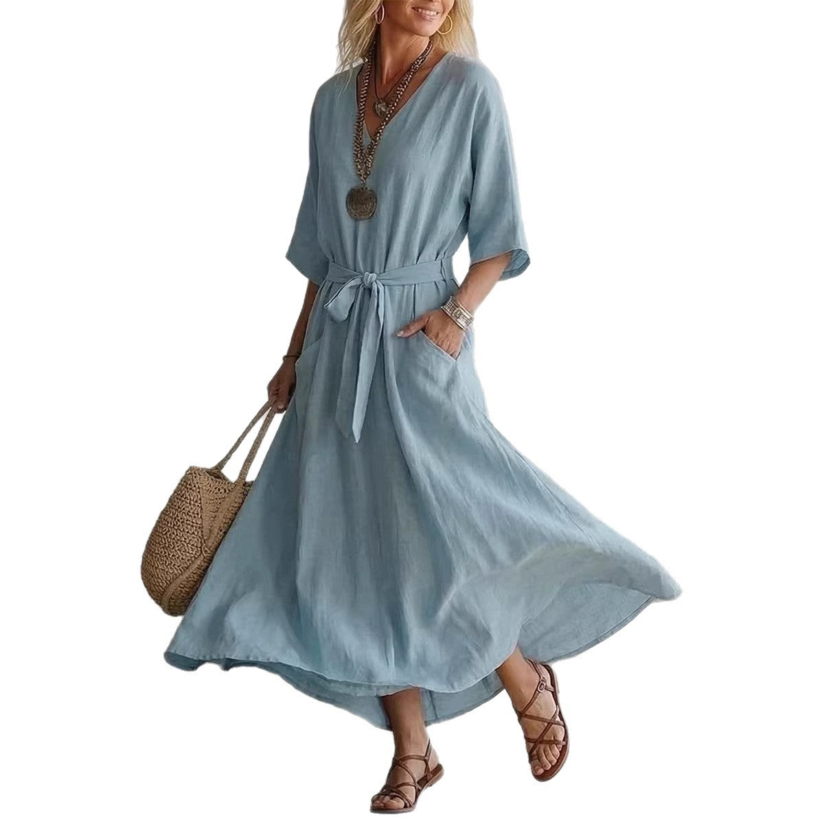 Solid Color Sleeve Vacation Style Loose Dress