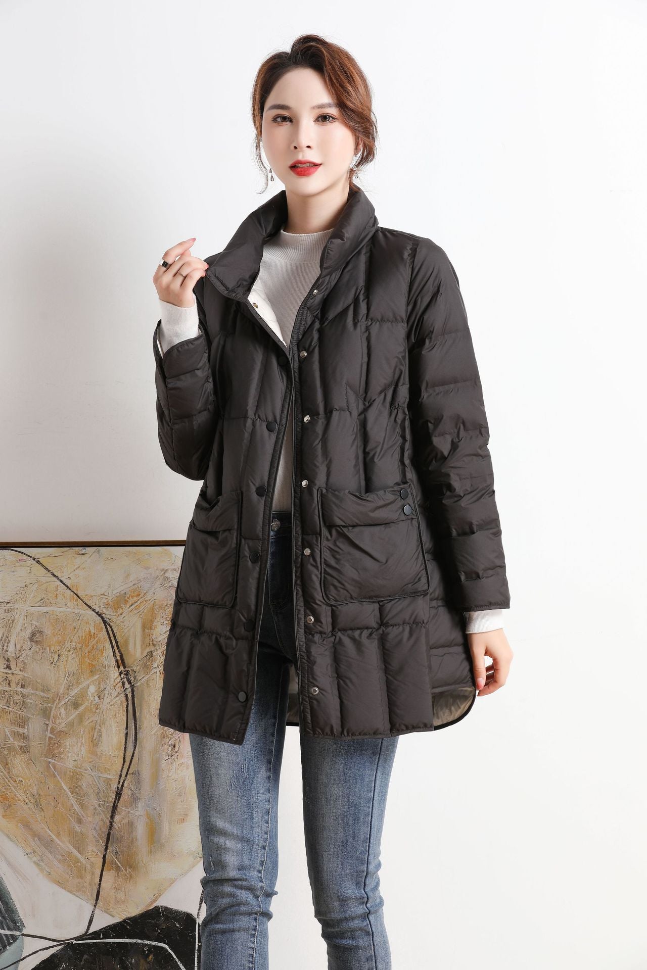 Women's Seamless Adhesive Veet Down Lightweight Mid-length Jackets
