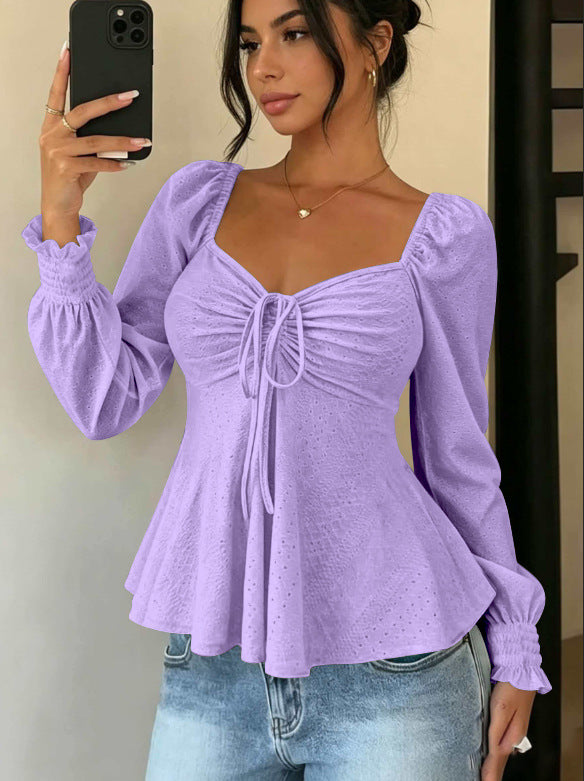 Women's Drawstring Smocking Sexy Sleeve Solid Color Women's T-shirt