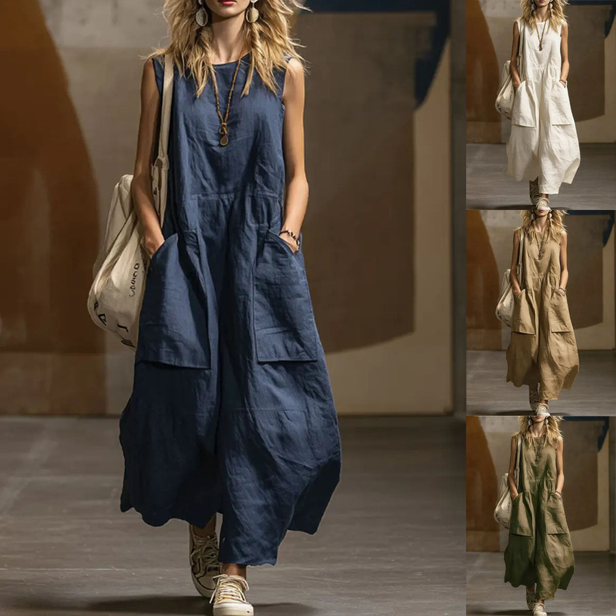 Women's Loose Simple Sleeveless Pocket Cotton Linen Dress