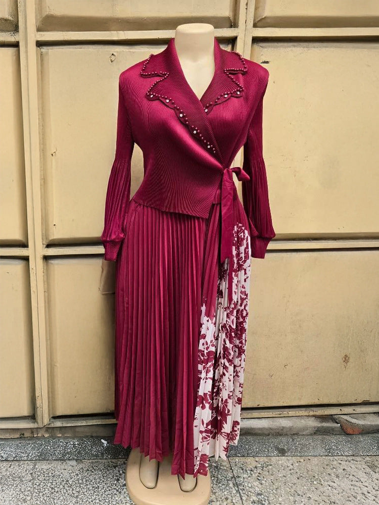 Women's Fake Two Pieces Pleated Print Dress Dresses