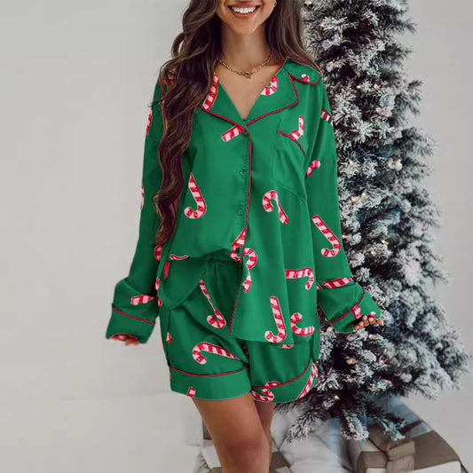 Women's Autumn Satin Christmas Candy Cane Pajamas Suits