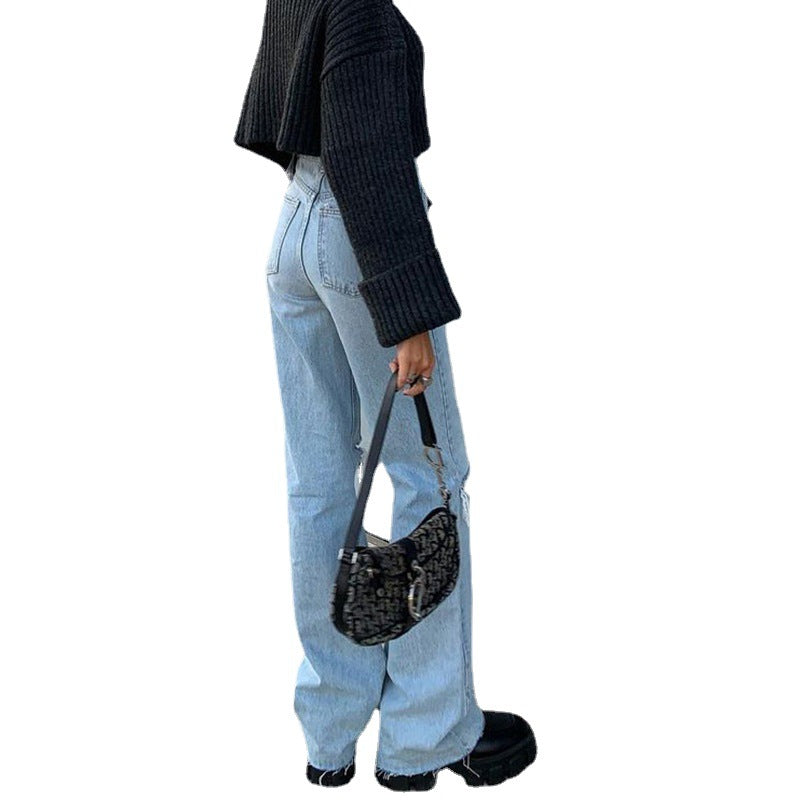 Denim Wide Leg Trousers Ripped Skinny Women's Jeans