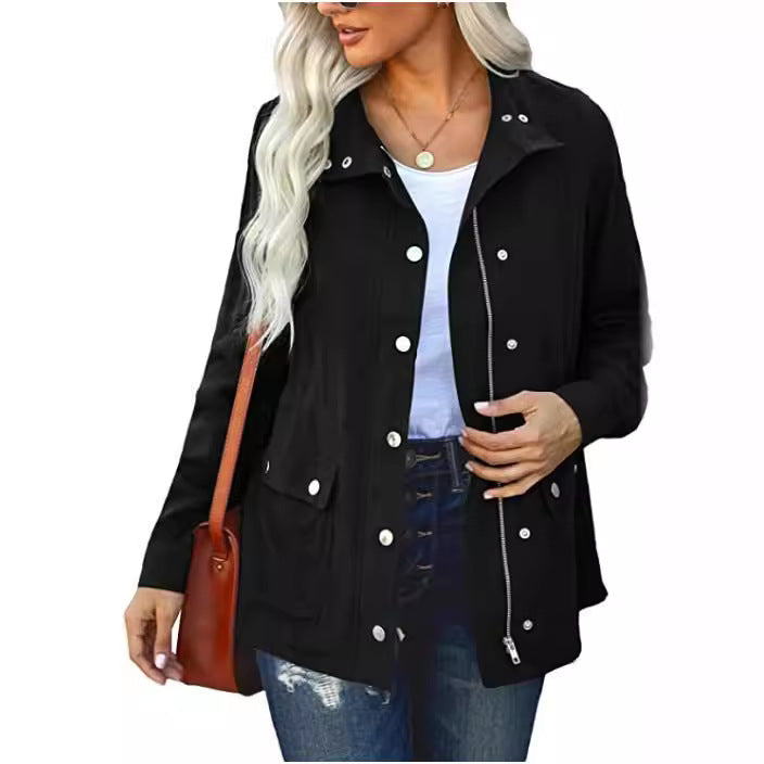 Women's Polo Collar Solid Color Pocket Fastener Coats