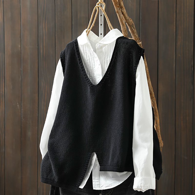 Women's Simple Irregular Lower Hem Ethnic Style Knitted Retro Loose Pullover Women's Vest