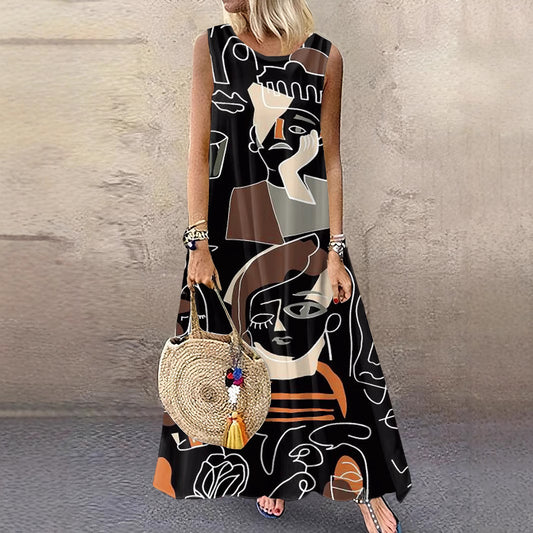 Women's Round Neck Printed Sleeveless Large Long Dress