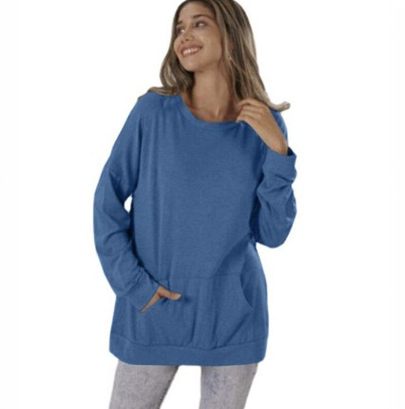 Women's Round Neck Loose Pocket Long Sleeve Tops