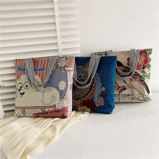 Fashionable Ethnic Style Shopping Cartoon Linen Shoulder Bags