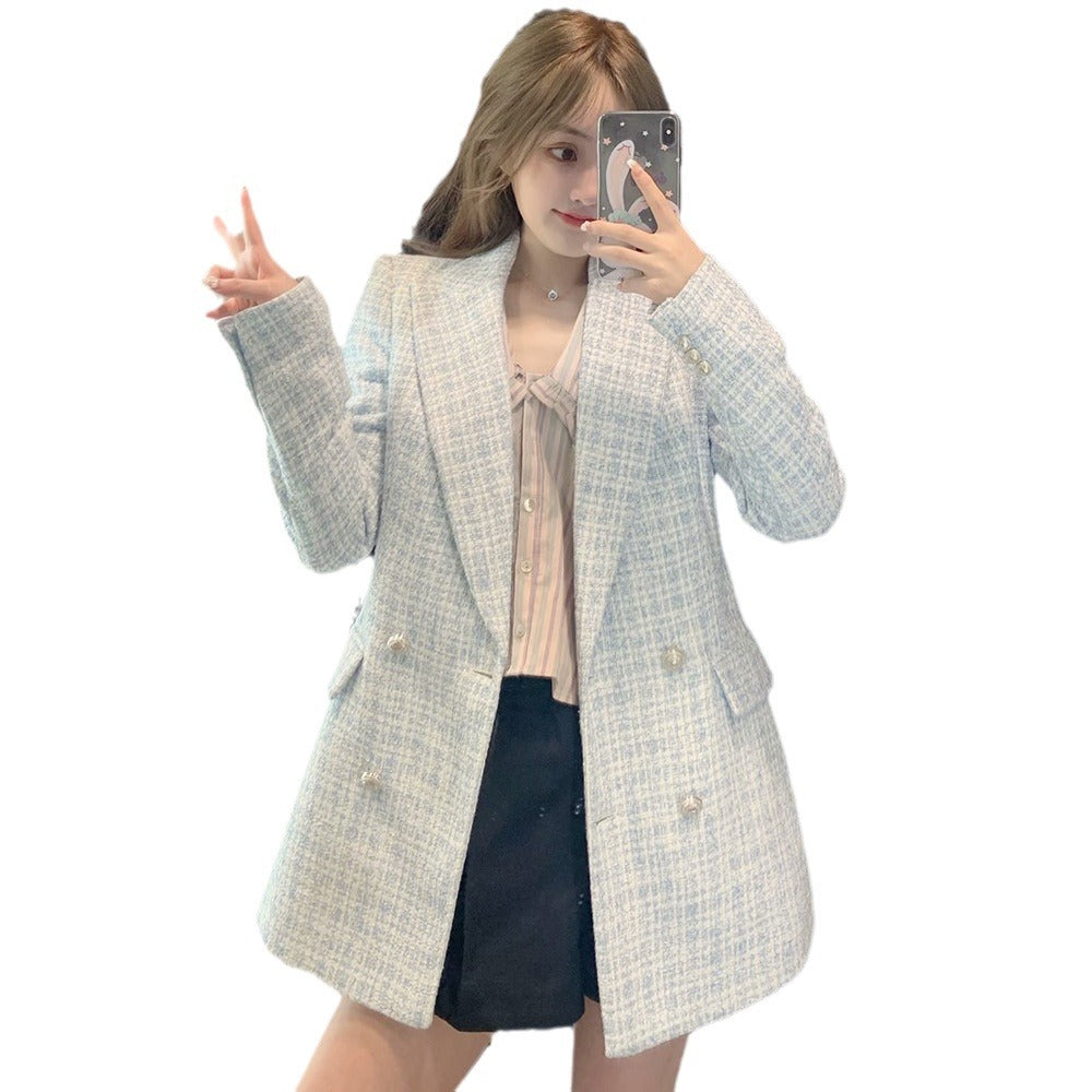 Women's Autumn Tweed Pocket Decoration Retro Long Blazers