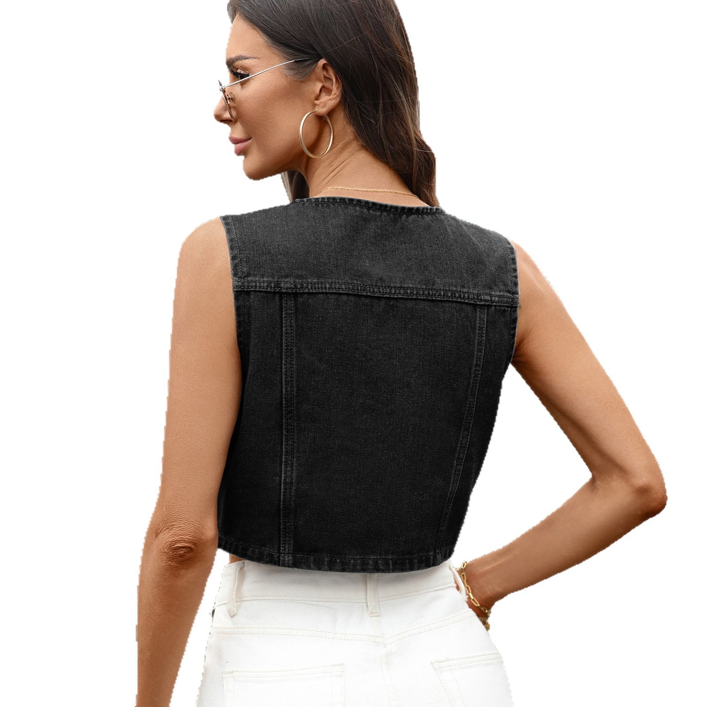 Women's Washed Casual Round Neck Pocket Denim Women's Vest