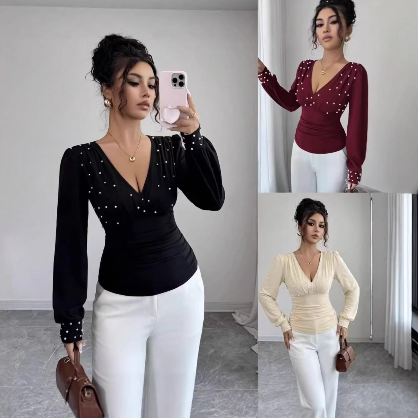 Color Fashion Sexy Long Sleeve Pearl Women's T-shirt