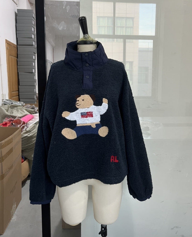 Loose Versatile Stand Collar Bear Pattern Coats
