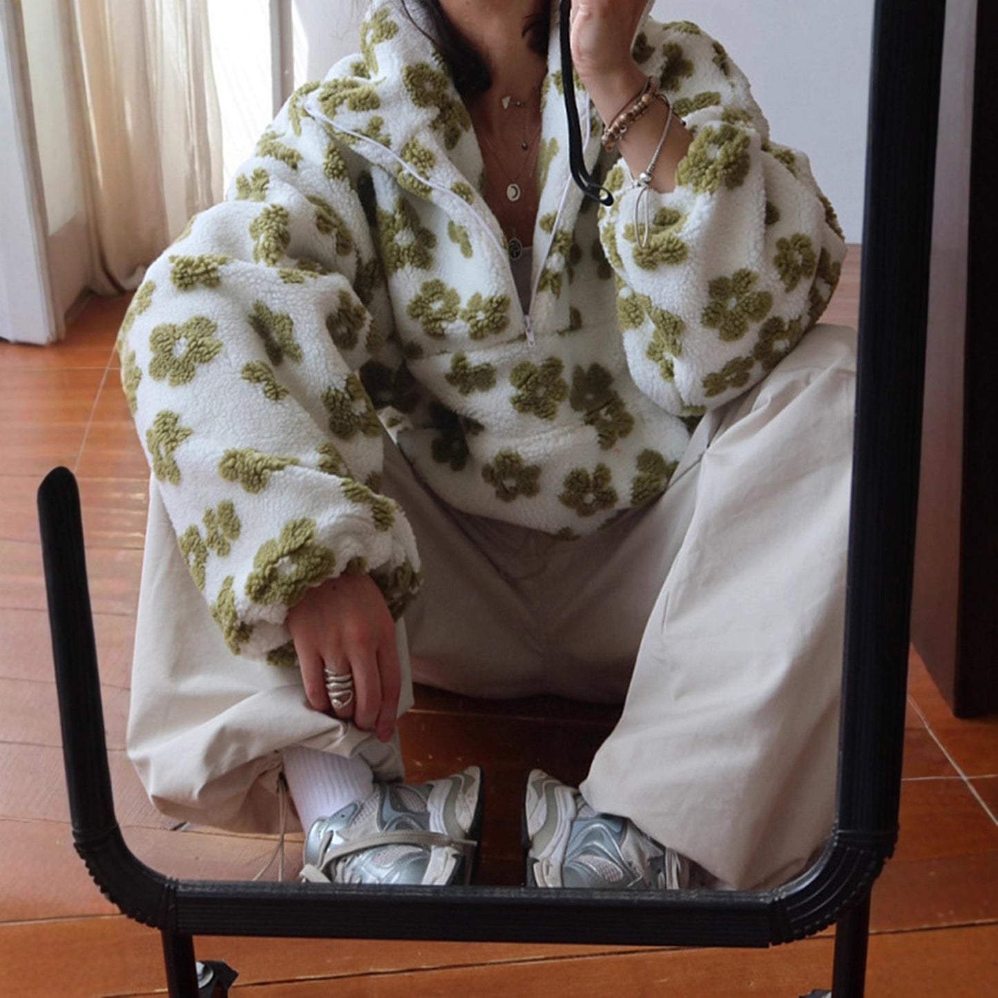 Floral Loose Fleece Shirt Fashion Zipper Pocket Sweaters