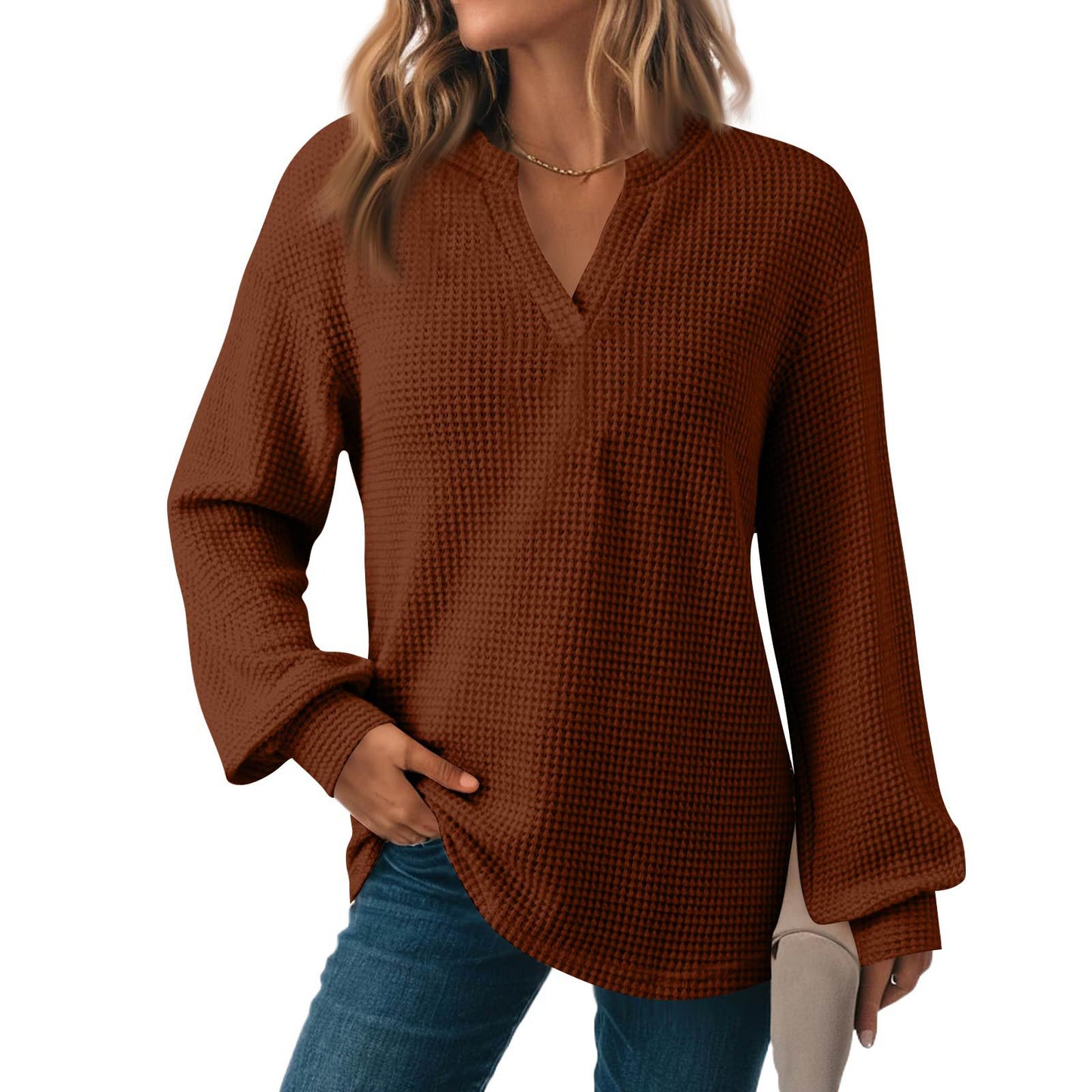Women's Solid Color Waffle Loose Long Sleeve Women's Sweater, Sweater