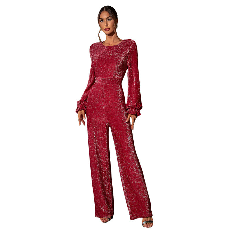 Women's Back Sequin Retro Temperament High Waist Jumpsuits