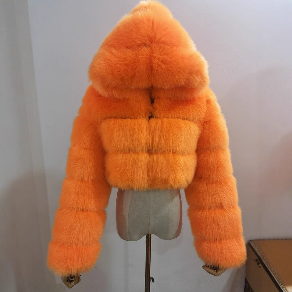 Women's Fur Hooded Faux Imitation Fox Long Coats