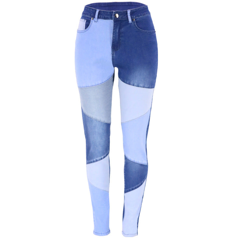 Women's Autumn Blue Black Stitching Trendy Cotton Jeans