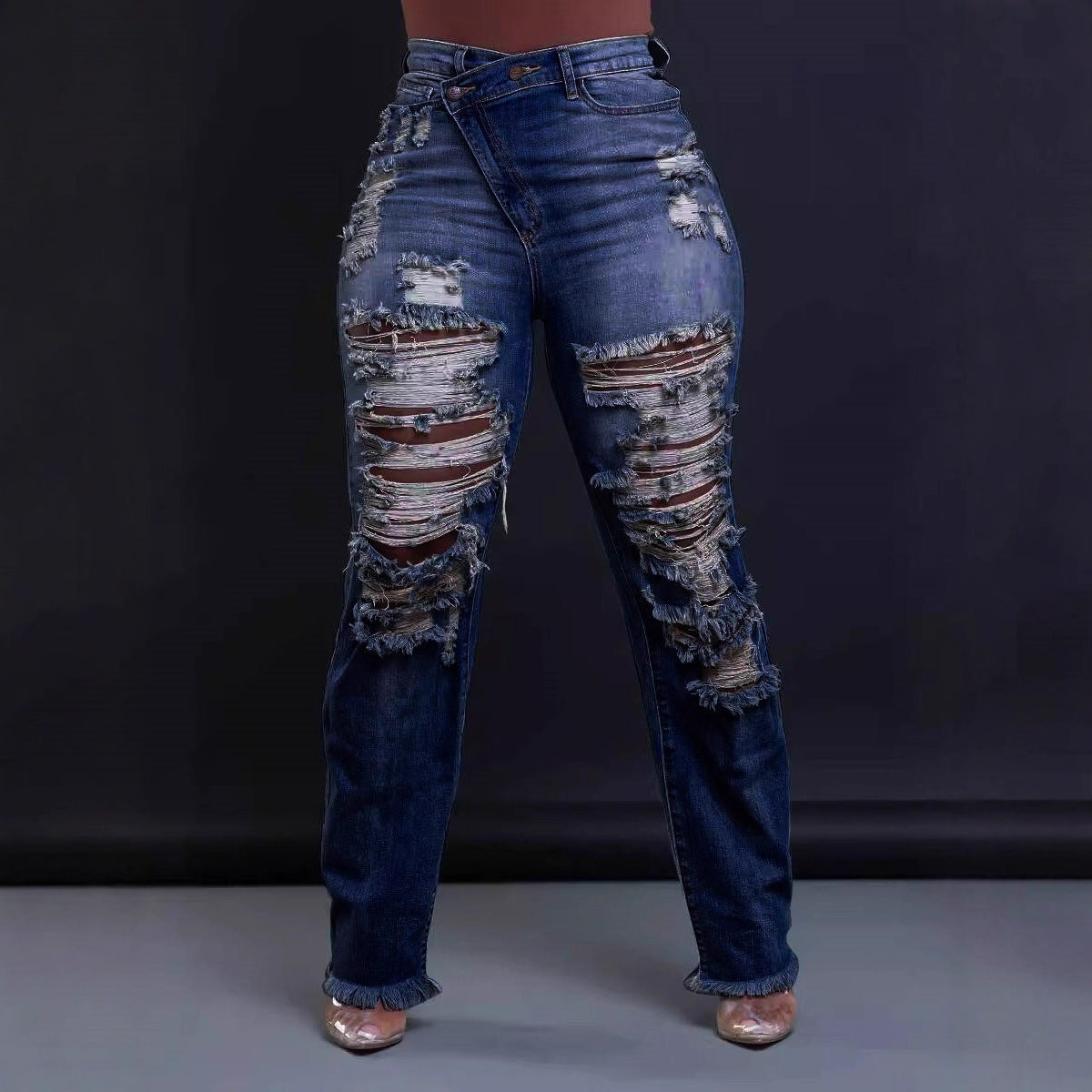 Women's Straight Personality Waist Elastic Cut Tasseled Women's Jeans