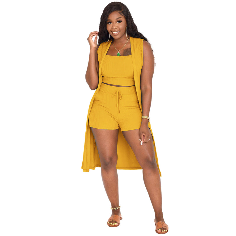 Women's Sunken Stripe Solid Color Three-piece Clothing