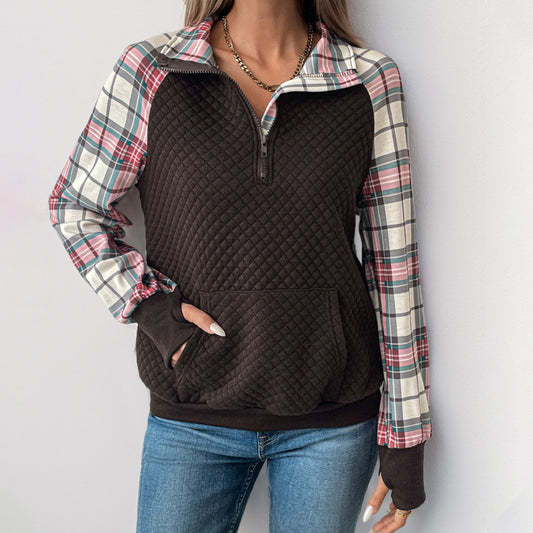 Women's Plaid Retro Patchwork Texture Pullover Women's Sweater, Sweater