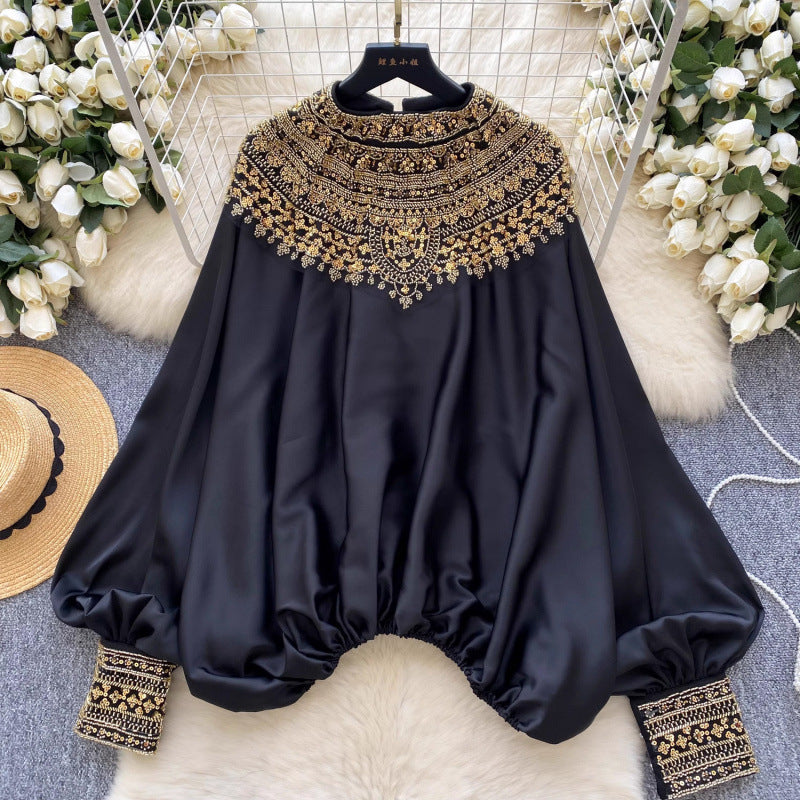 Women's Style Exquisite Beaded Shirt Fashion Loose Tops