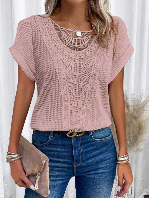 Pretty Fashion Women's Lace Patchwork Short-sleeved Women's T-shirt