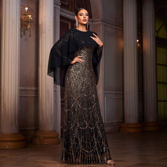 Women's Long-sleeved Round Neck Shawl Banquet Sequined Dresses