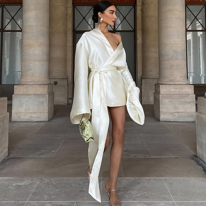 Women's French Minority High-grade Sexy Satin Long Sleeve Dress Blazers