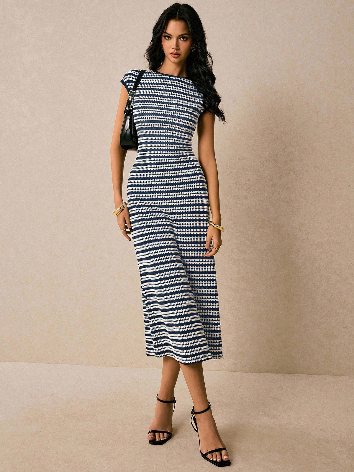 Women's Striped Knitted Midi With Shoulder Sleeves Slim Fit Dress