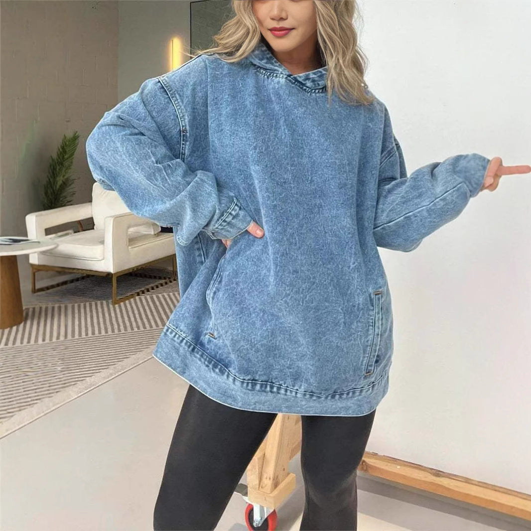 Women's Loose Hooded Pullover Denim Hoodie Sweaters