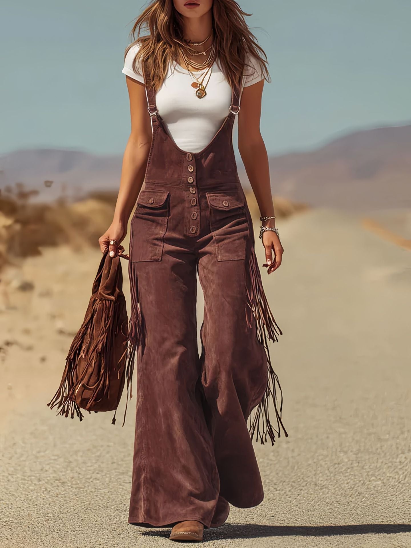 Women's Retro Western Suede Fringed Overalls Trousers Pants