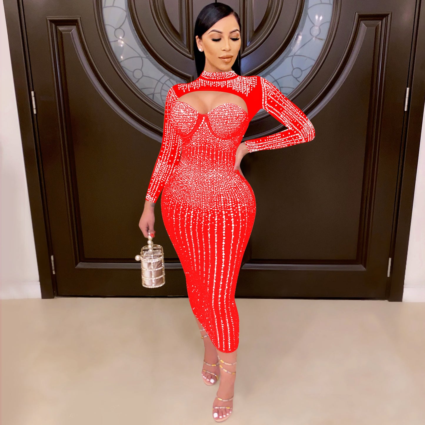 Women's Fashion Wear Nightclub Mesh Rhinestone Strap Dresses