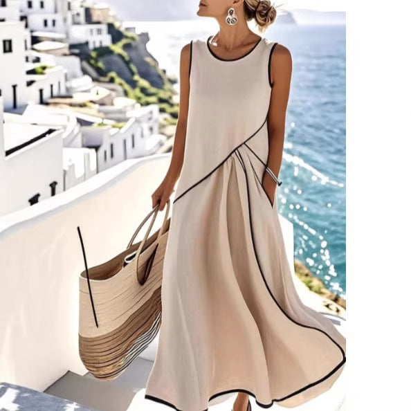 Neck Sleeveless Contrast Color Loose Slimming Dress