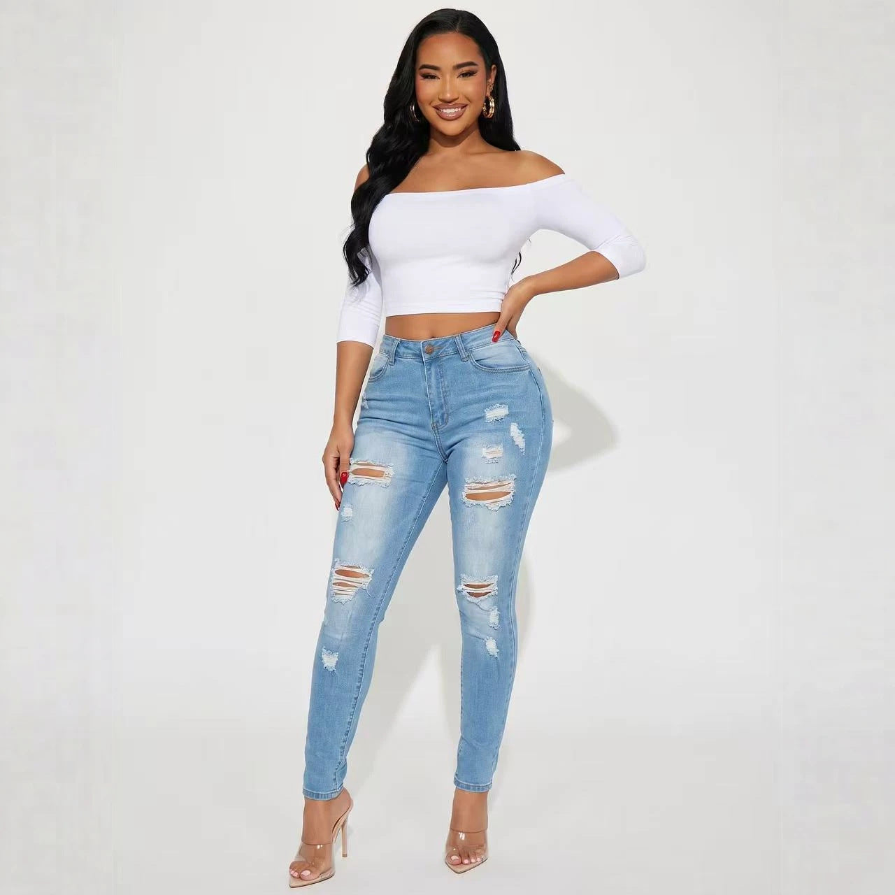 Women's High Waist Ripped Skinny Slimming Washed Women's Jeans