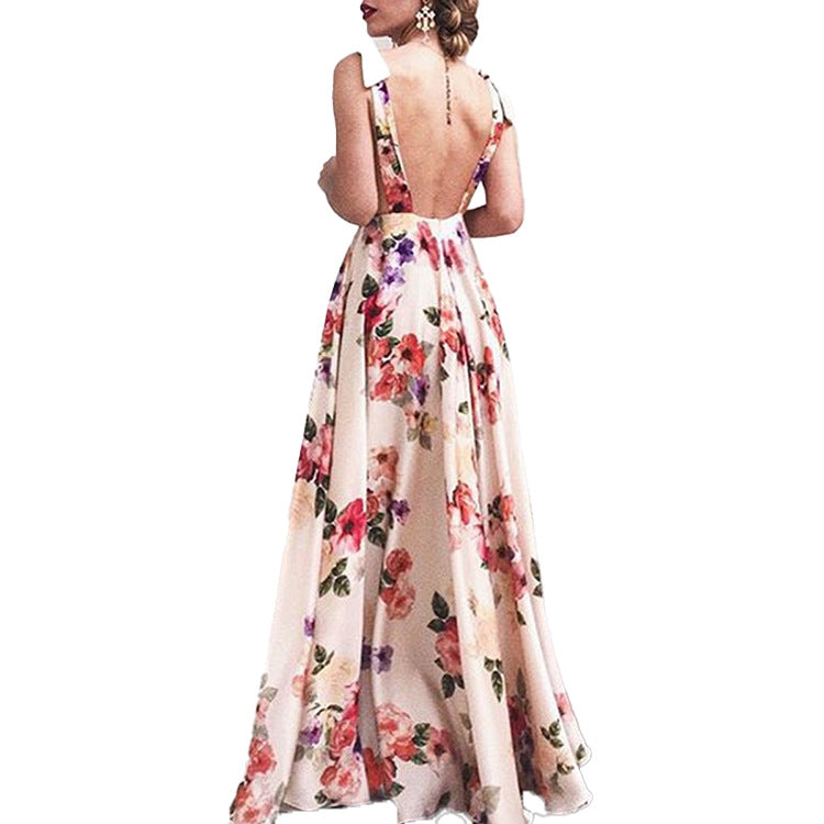 Women's Clothes Exposed Back Printed Large Swing Sleeveless Dress